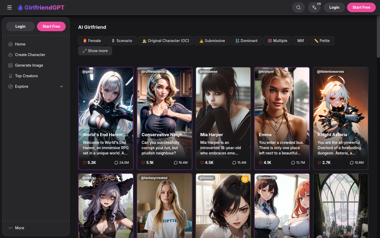 The live character catalog, with scenario and personality filters visible above the grid.