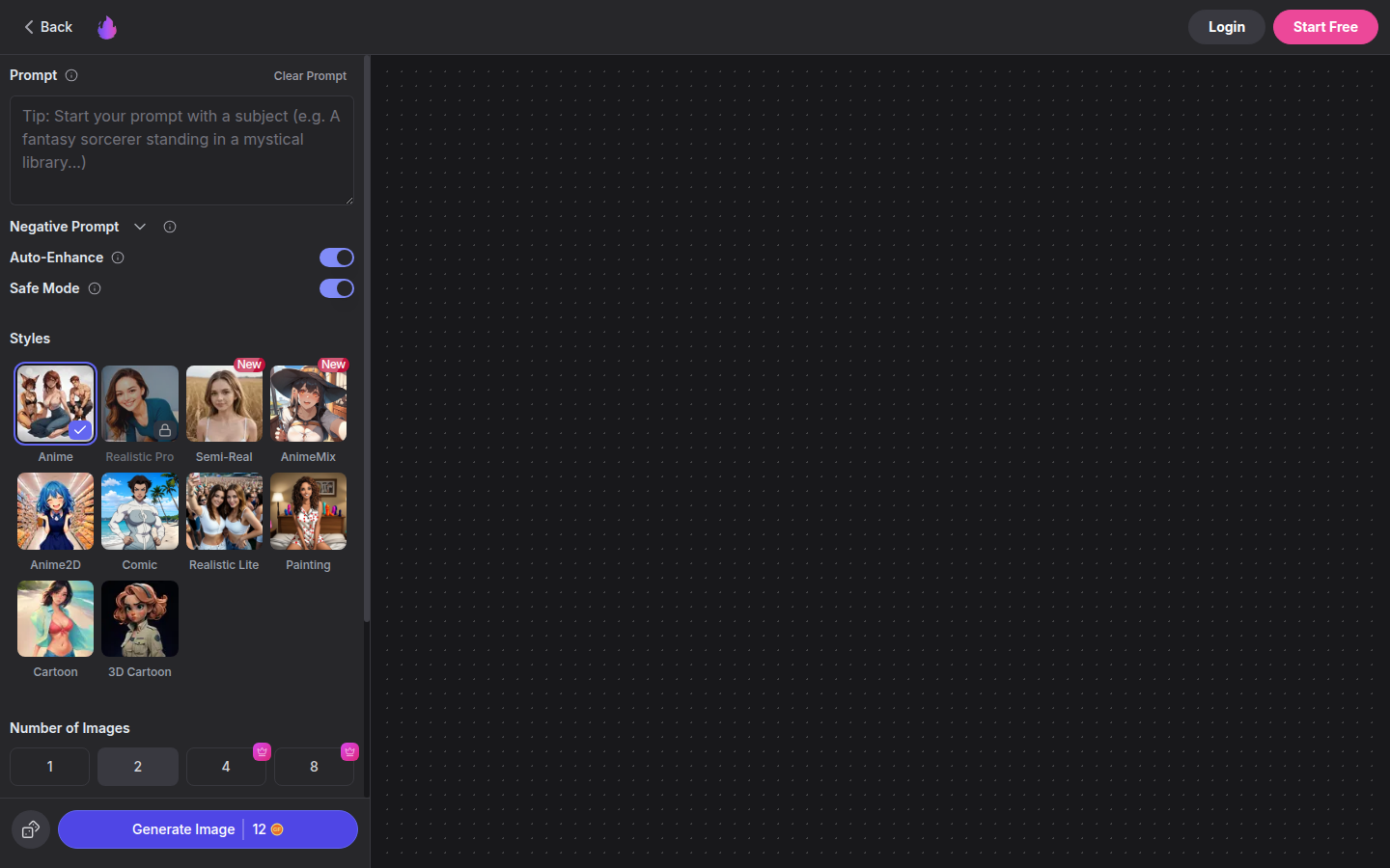 The advanced image creator, including prompt controls, Safe Mode, styles and coin cost.